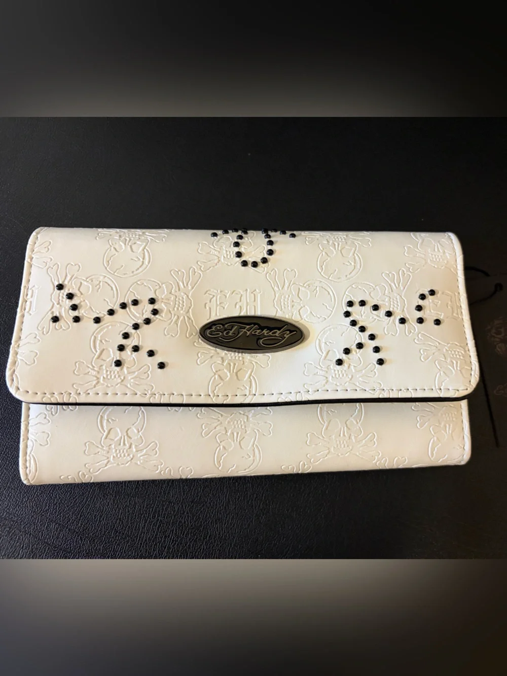 🆕 Ed Hardy White Embossed Skull Wallet with Black Stud Accents
